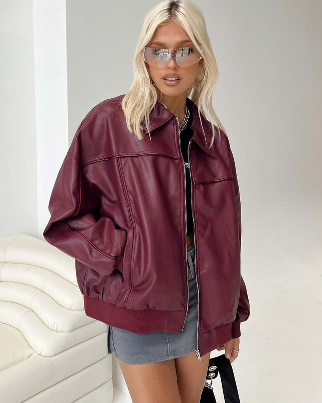 Goldsmith Faux Leather Bomber Jacket Burgundy