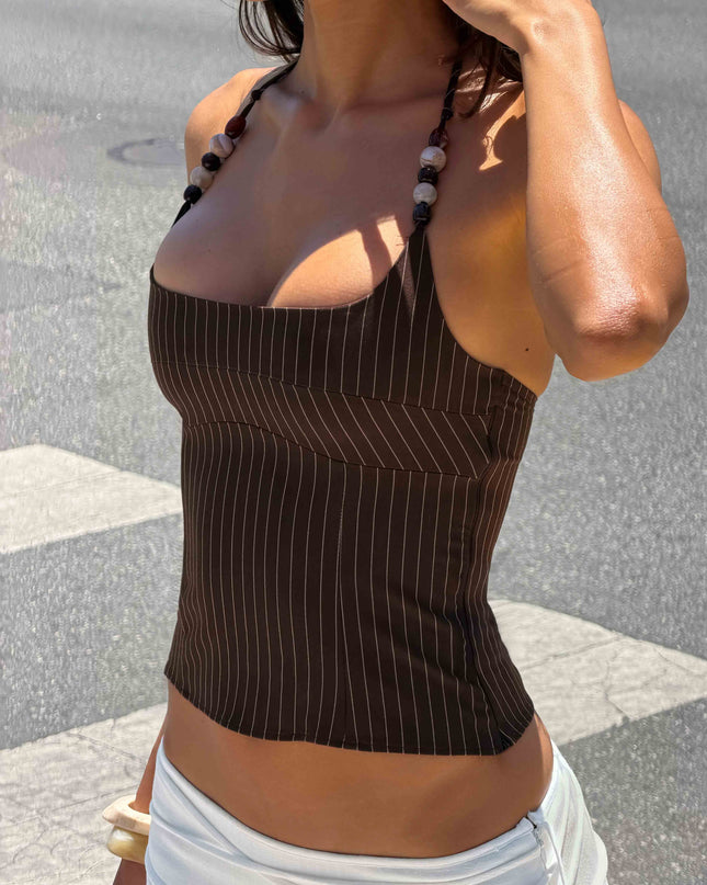 Cherise Bead Detail Top Brown Pinstripe