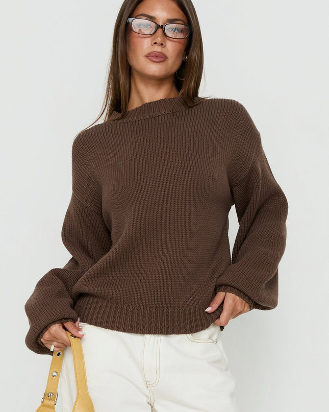 Harmony Balloon Sleeve Knit Sweater Dark Brown