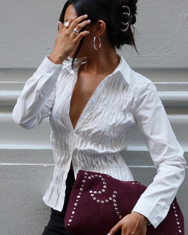 Cultivate Shirred Long Sleeve Top White