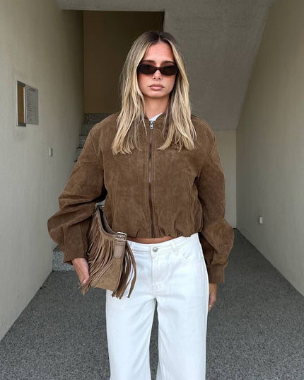 Mastery Faux Suede Bomber Jacket Brown