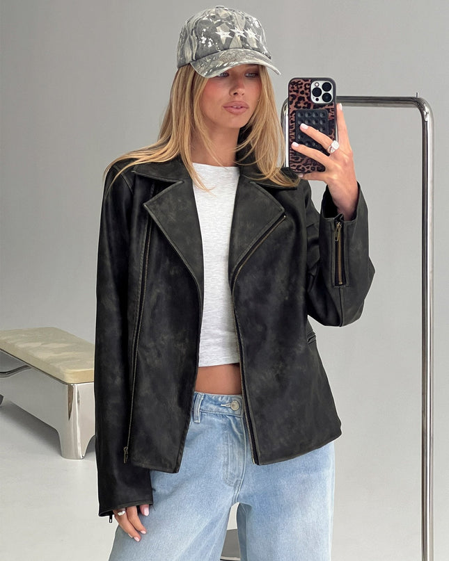 Vyolette Faux Leather Collared Jacket Washed Black