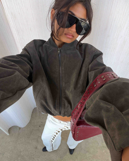 Mastery Faux Suede Bomber Jacket Charcoal