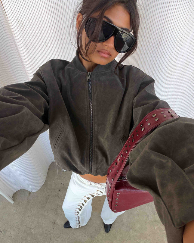 Mastery Faux Suede Bomber Jacket Charcoal