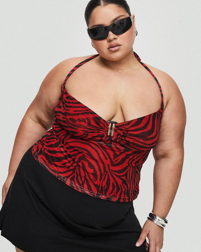 Cielo Mesh Halter Top Red Zebra Curve