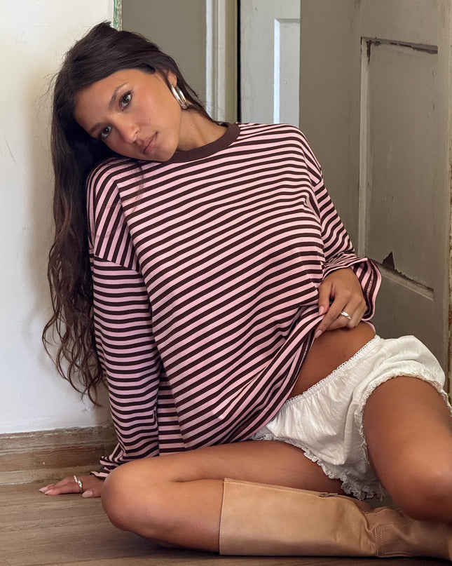 Settle Down Long Sleeve Top Pink / Brown Stripe