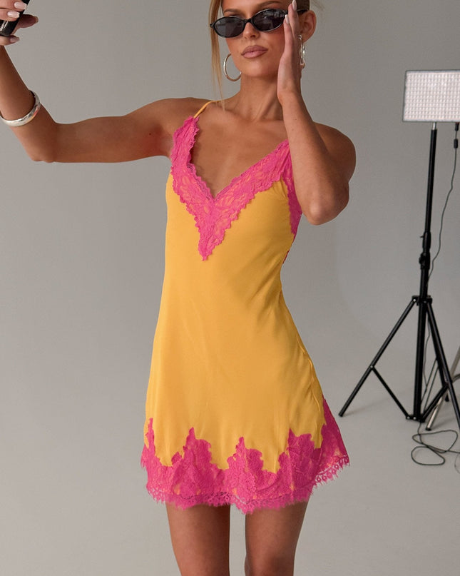 Call My Lover Lace Slip Mini Dress Gold / Fuchsia
