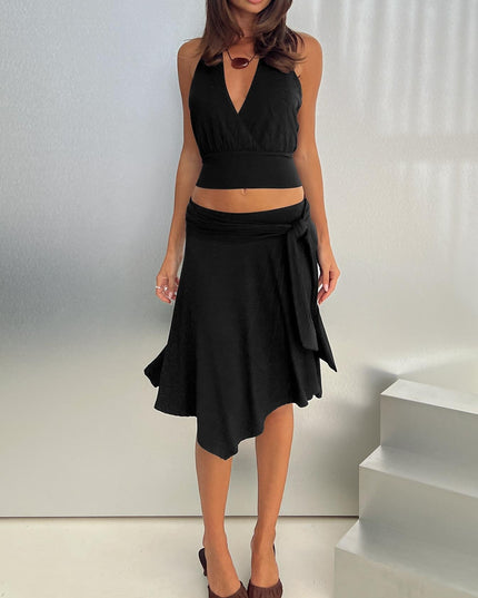 Soft Focus Tie Waist Midi Skirt Black