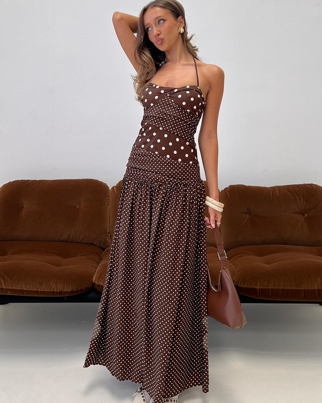 Marguerite Halter Maxi Dress Brown Polka Dot