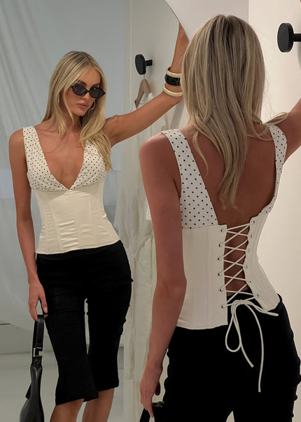 Briannah Contrast Corset Top Cream Polka Dot