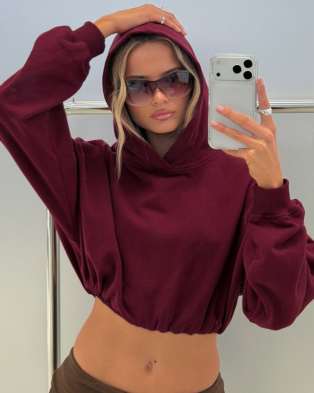 Mayse Bubble Hem Cropped Hoodie Cherry