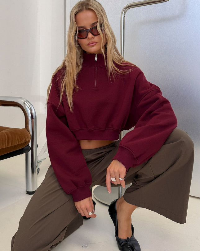 Astridd 3/4 Zip Cropped Jumper Cherry