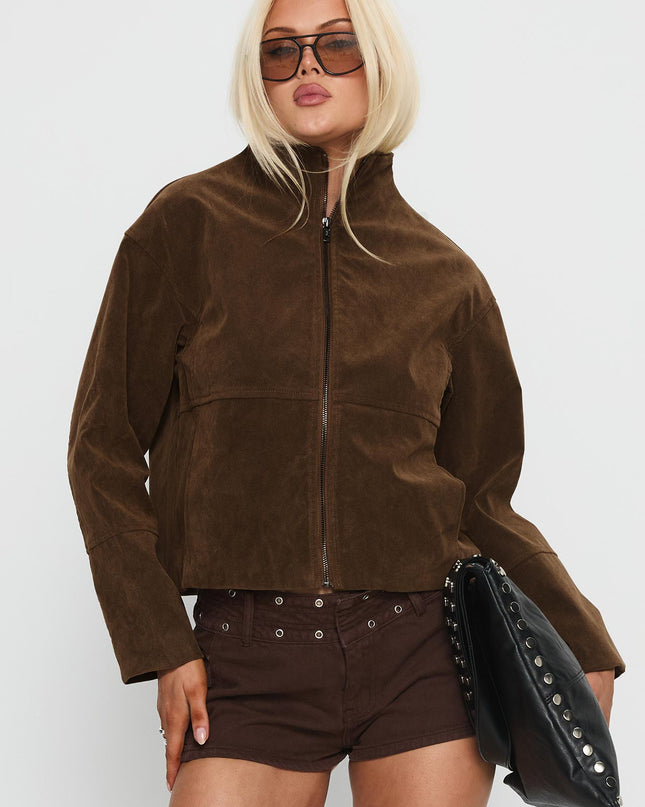 Jessalynn Faux Suede Zip Through Jacket Brown