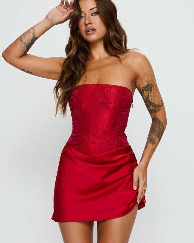 Jenevieve Strapless Drape Mini Dress Red
