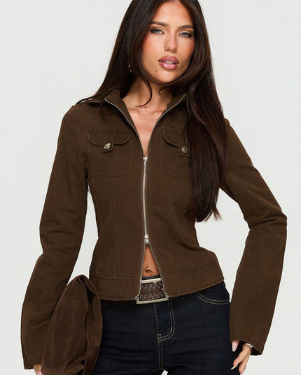 Kelehan Long Sleeve Zip Front Jacket Stonewashed Brown