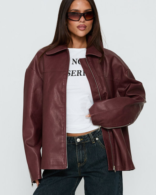 Napoleon Faux Leather Jacket Burgundy