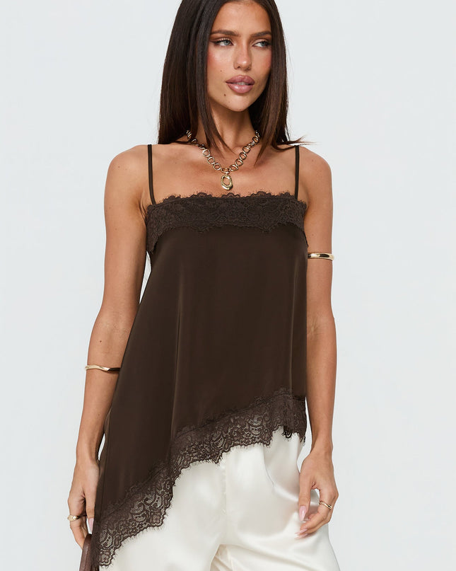 Daesa Longline Lace Top Brown