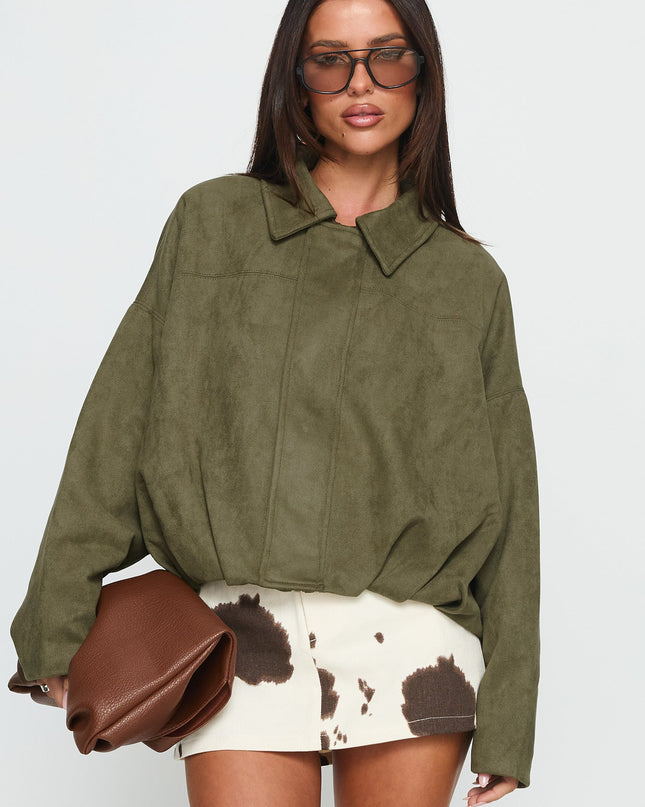 Enlightened Faux Suede Bomber Jacket Khaki