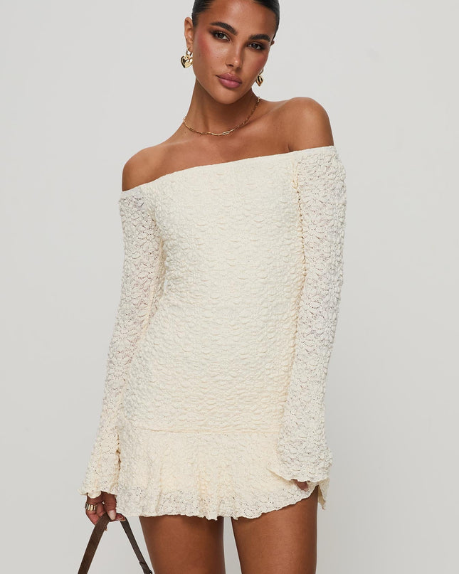 Vancesca Off Shoulder Long Sleeve Mini Dress Cream