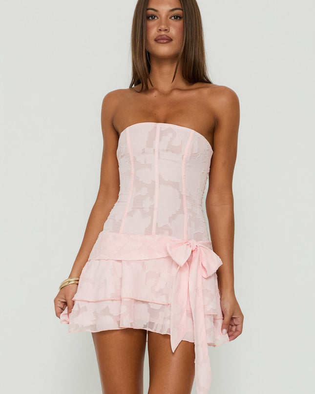 Azuriah Chiffon Strapless Corset Tiered Mini Dress Pink