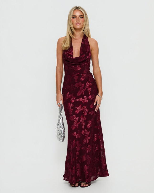Jazminah Halter Cowl Neck Maxi Dress Burgundy