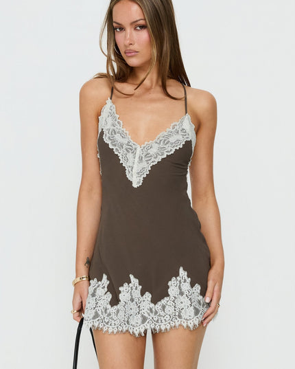 Call My Lover Lace Slip Mini Dress Brown / Cream