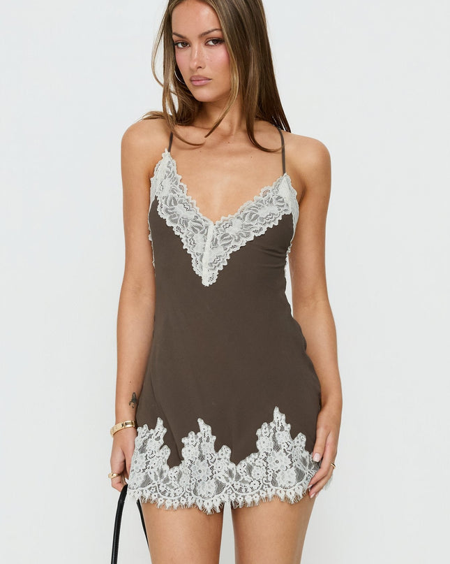 Call My Lover Lace Slip Mini Dress Brown / Cream