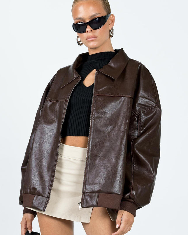 Goldsmith Faux Leather Bomber Jacket Brown