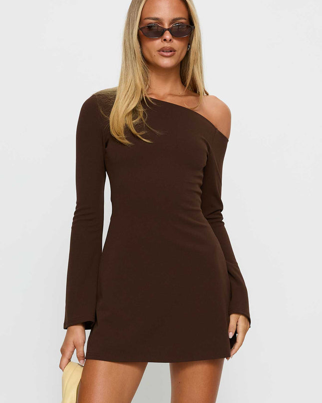 Adrietta Long Sleeve Off Shoulder Mini Dress Brown