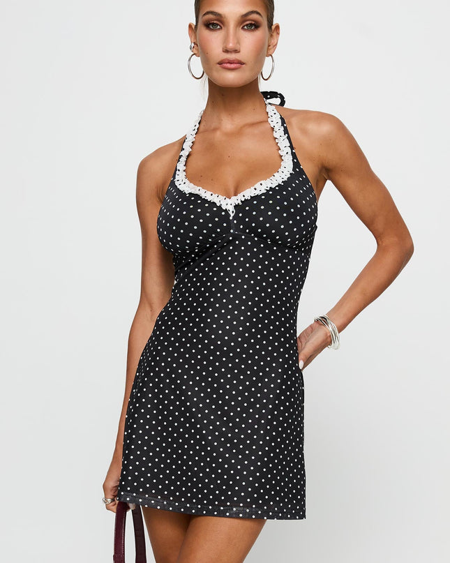 Black Beauty Halter Mini Dress Black / Polka