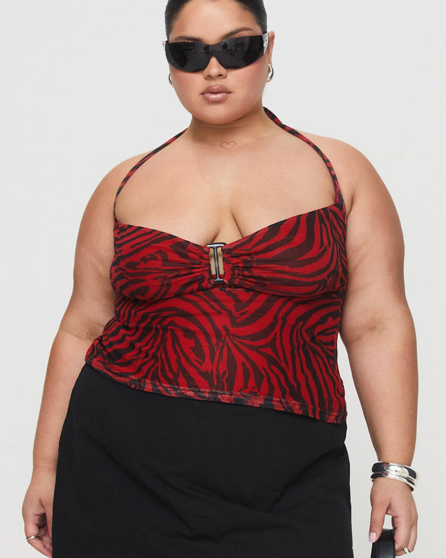 Cielo Mesh Halter Top Red Zebra Curve