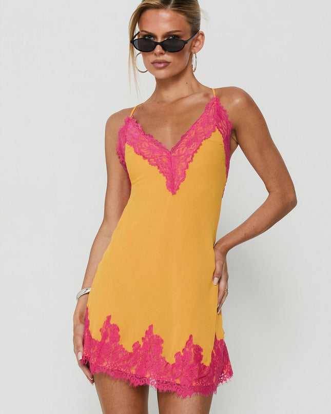 Call My Lover Lace Slip Mini Dress Gold / Fuchsia