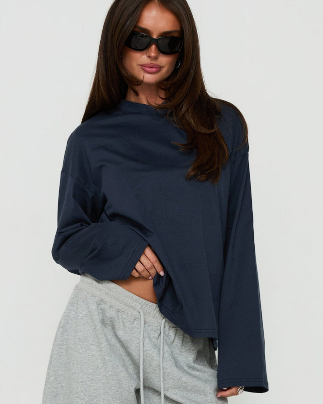 Settle Down Long Sleeve V Neck Top Navy