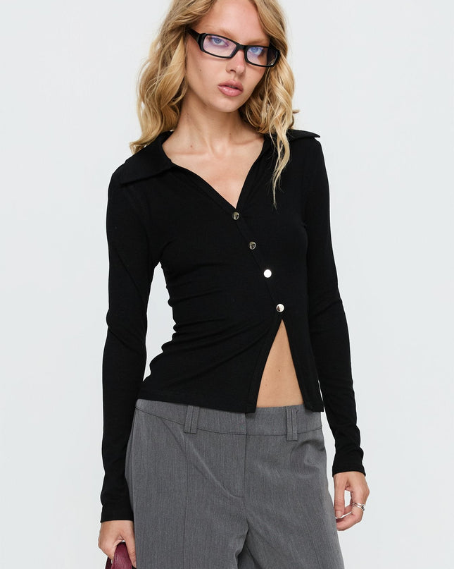 Meeghan Long Sleeve Button Up Top Black