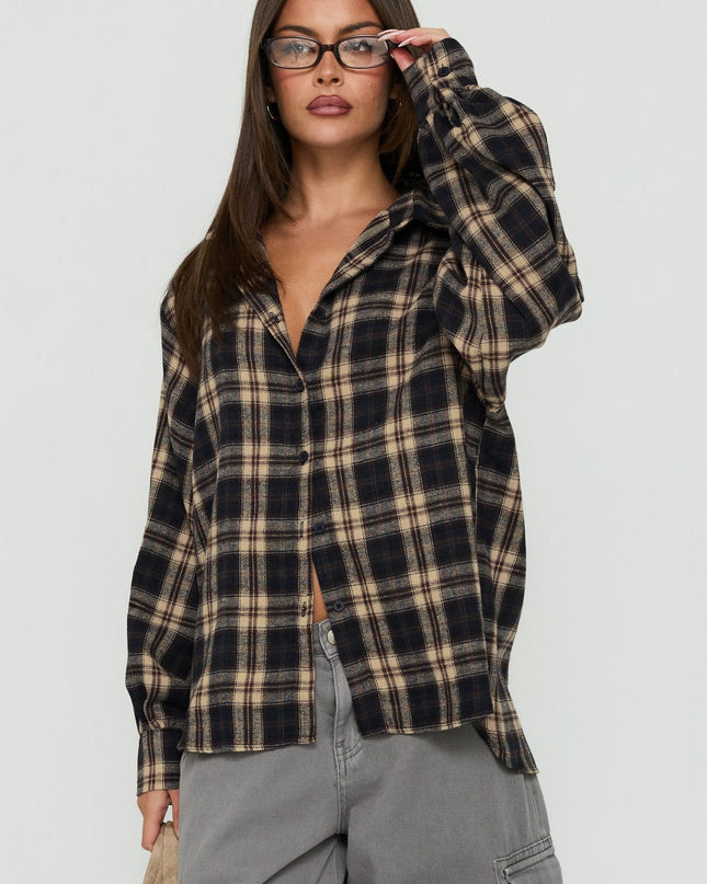 Caydence Long Sleeve Button Down Flannel Top Check Multi