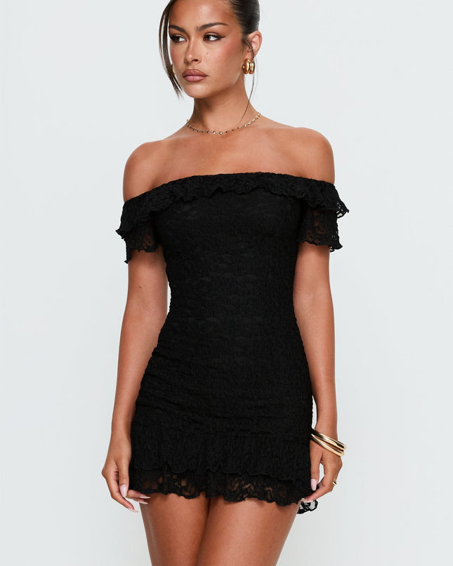 Bonnee Off Shoulder Lace Mini Dress Black