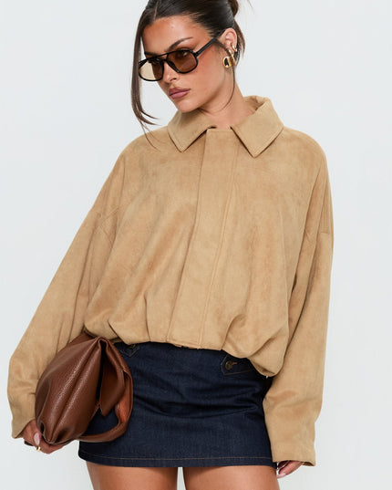 Enlightened Faux Suede Bomber Jacket Beige