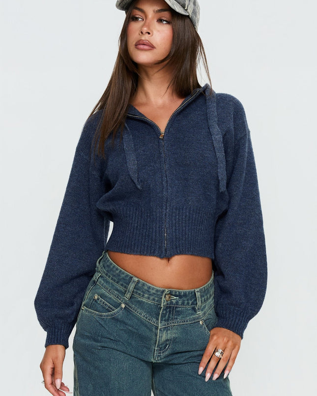 Kieley Zip Through Knit Hoodie Navy