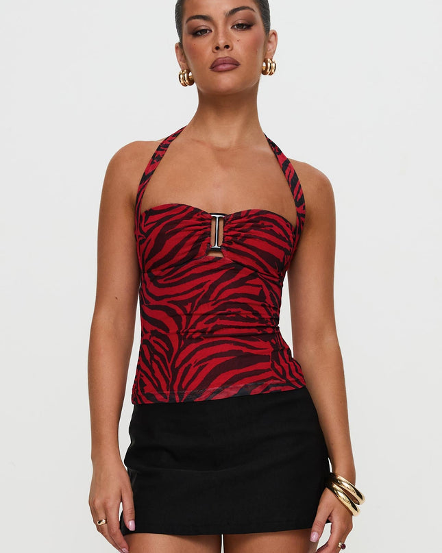 Cielo Mesh Halter Top Red Zebra