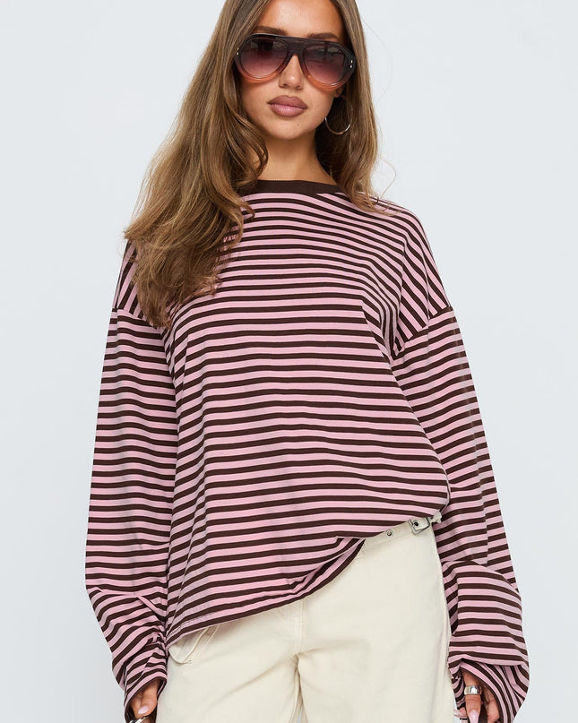 Settle Down Long Sleeve Top Pink / Brown Stripe