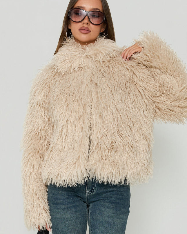 Kaiero Oversized Faux Fur Shag Jacket Cream