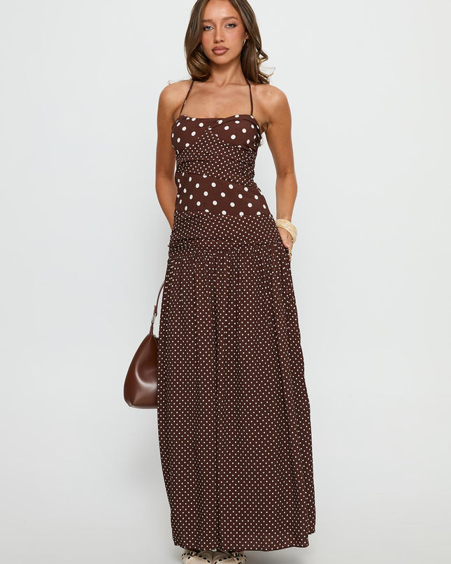 Marguerite Halter Maxi Dress Brown Polka Dot