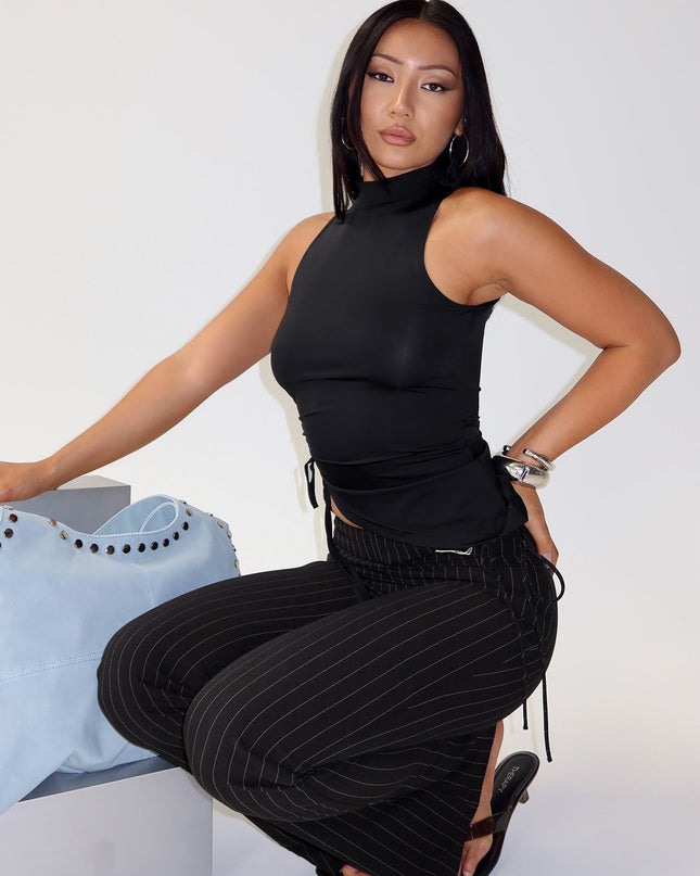 Saveria Tie Detail High Neck Top Black