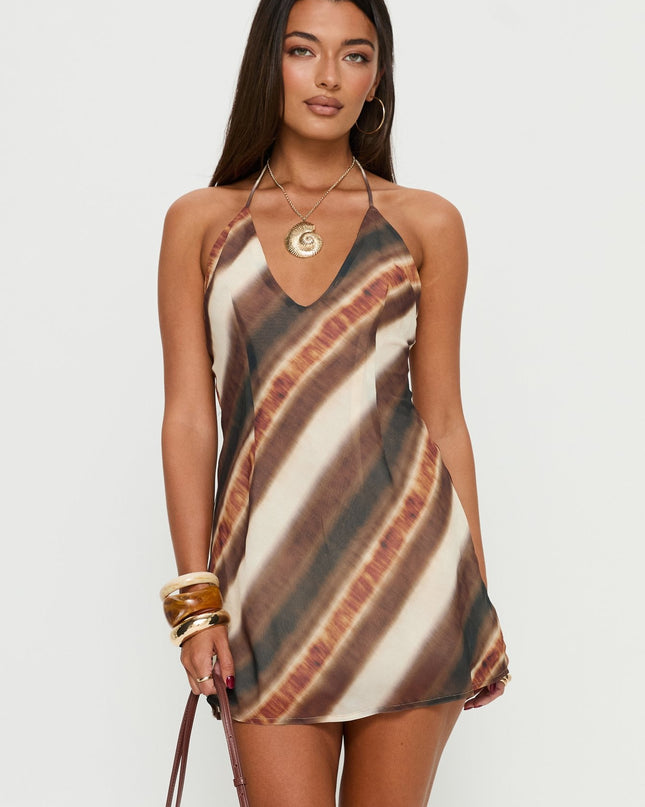Esmira Halter Mini Dress Brown Stripe