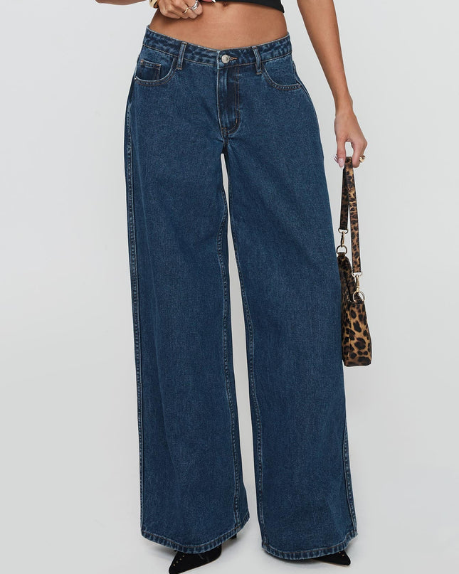 Ramos Low Rise Wide Leg Denim Jeans Dark Blue Wash