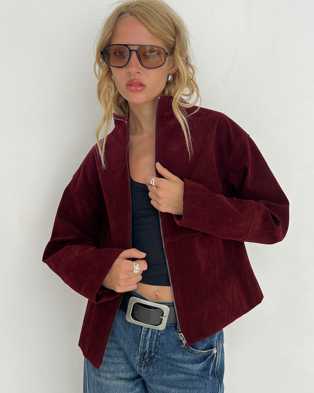 Jessalynn Faux Suede Zip Through Jacket Burgundy