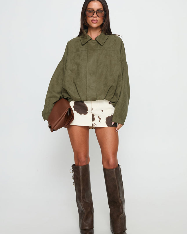Enlightened Faux Suede Bomber Jacket Khaki