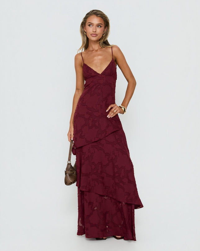 Lyricah Tiered Tie Back Maxi Dress Burgundy Petite