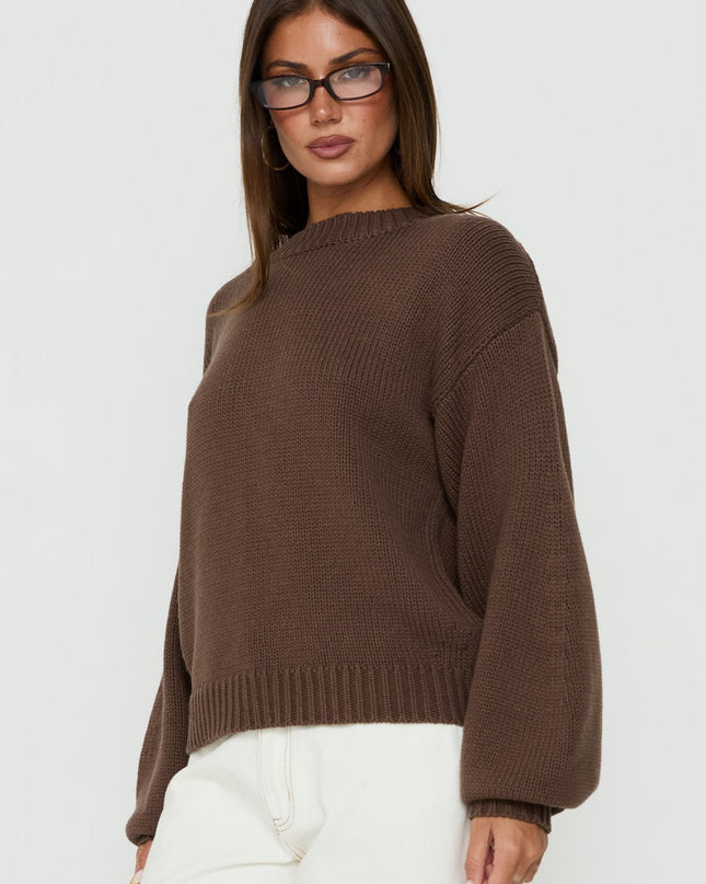 Harmony Balloon Sleeve Knit Sweater Dark Brown