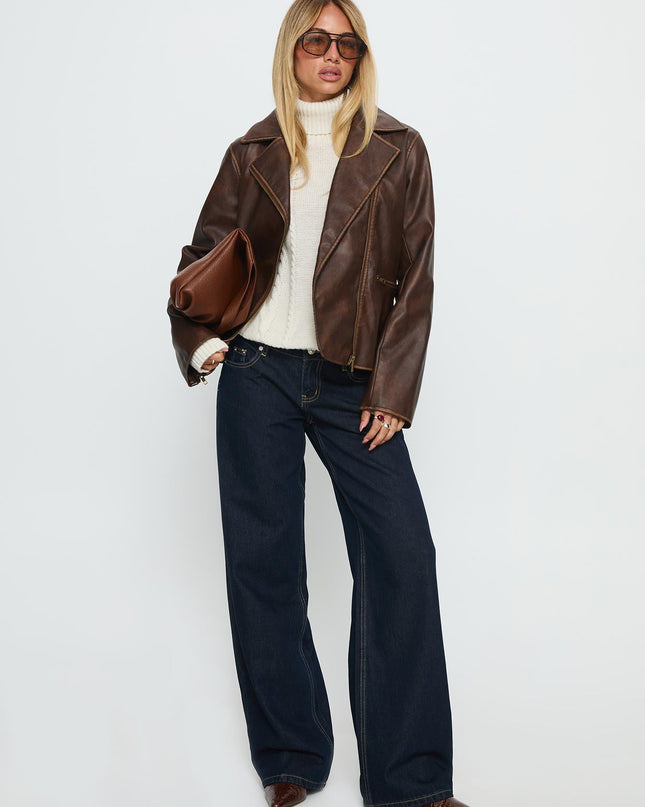 Vyolette Faux Leather Collared Jacket Washed Brown